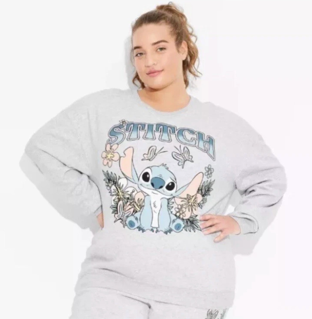 Disney Stitch Sweatshirt Womens Medium Gray Printed Long Sleeve Crewneck Fleece